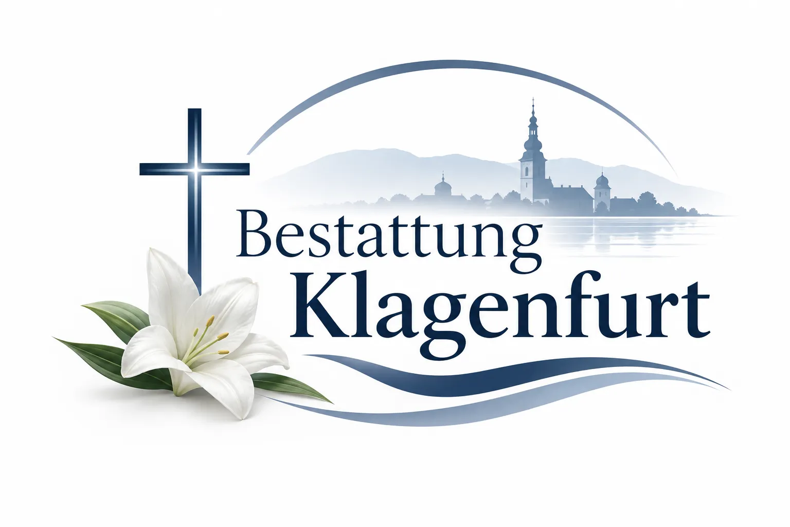 Bestattung Klagenfurt mit Kreuz, Lilie und Stadtansicht