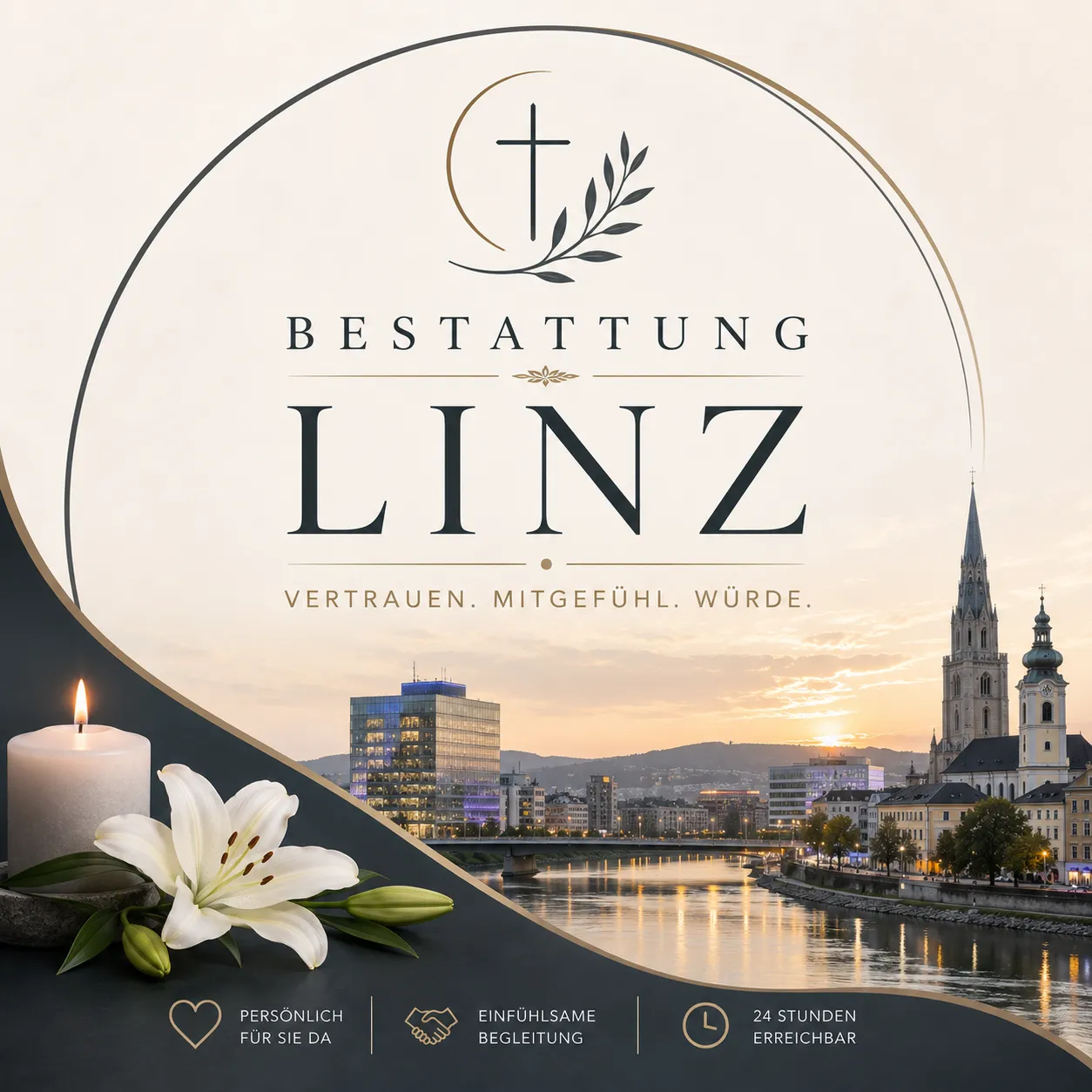 Bestattung Linz mit Kerze, Lilie und Stadtansicht