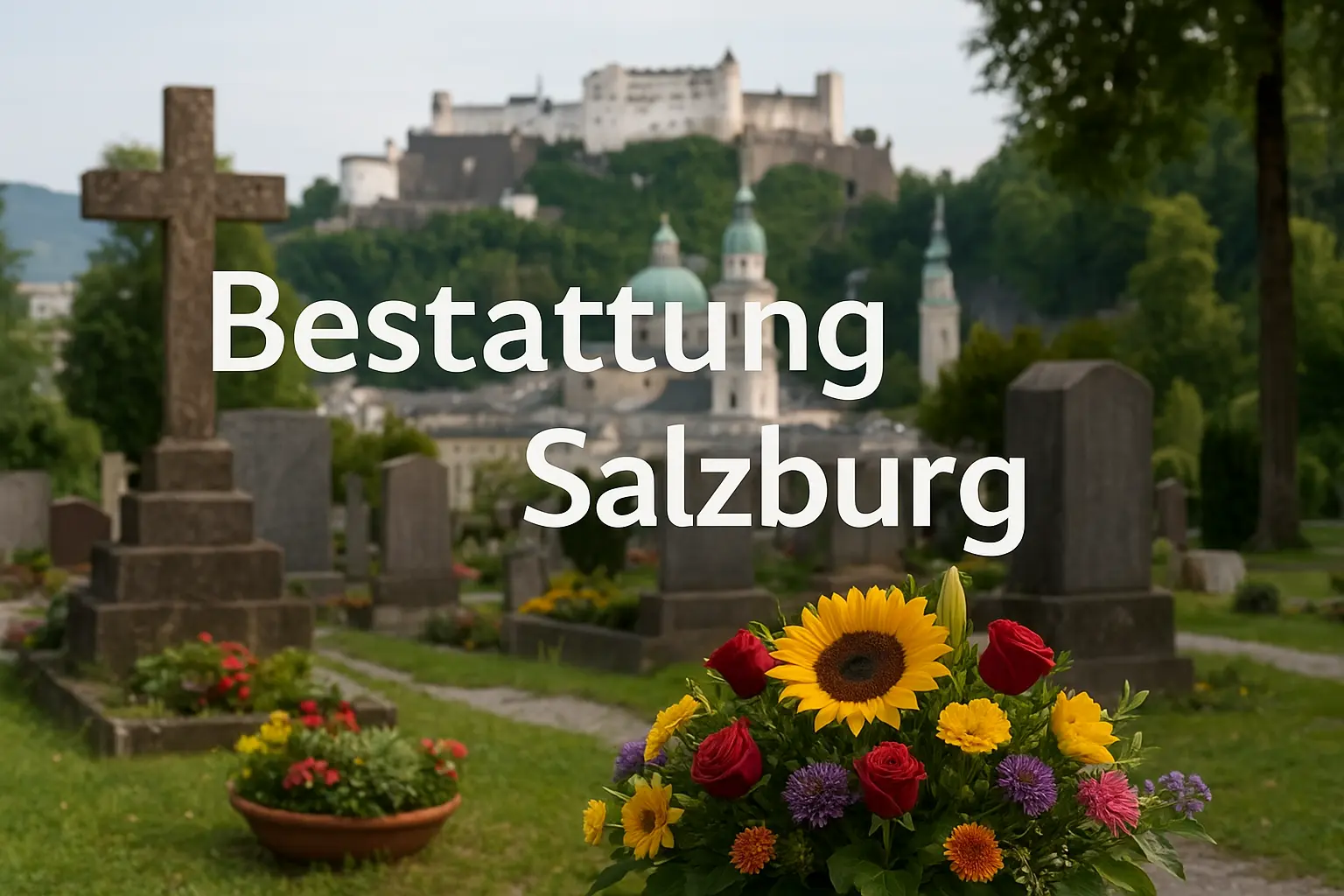 Bestattung Salzburg: Ein friedlicher Friedhof in Salzburg mit Blumen, Grabsteinen und der historischen Skyline der Stadt im Hintergrund.