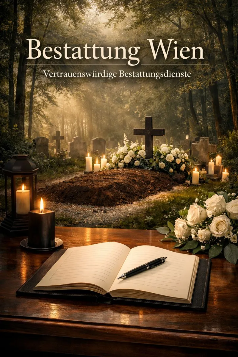 Bestattung Wien : Friedhof in einem Wald mit frischem Grab, weißen Blumen und brennenden Kerzen; im Vordergrund ein aufgeschlagenes Kondolenzbuch mit einem Stift
