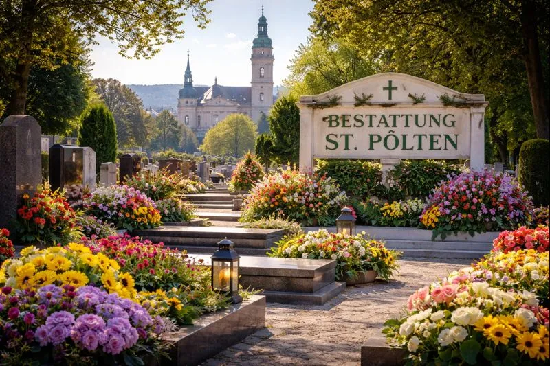 Bestattung St. Pölten mit bunten Blumenarrangements und Grabsteinen, im Hintergrund die barocke Kathedrale der Stadt