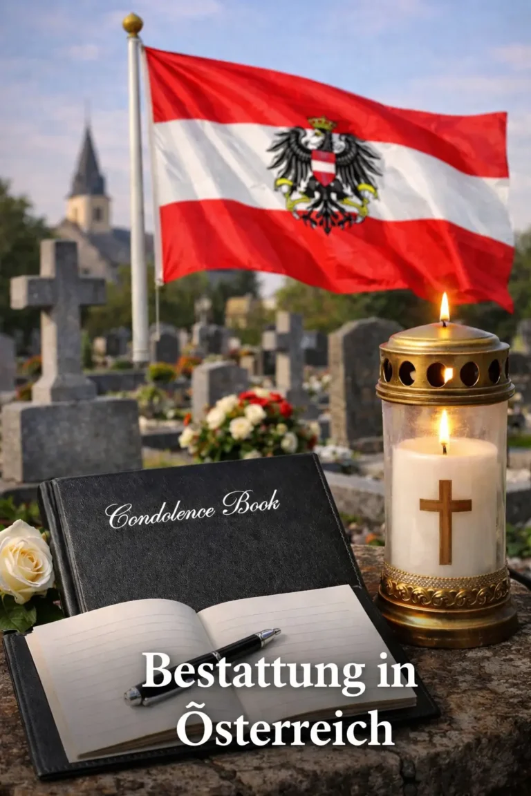 Bestattung in Österreich: Umfassender Leitfaden 3 Bestattung in Österreich : Gedenkkerze, Kondolenzbuch und österreichische Flagge auf einem Friedhof als Symbol für würdevollen Abschied.
