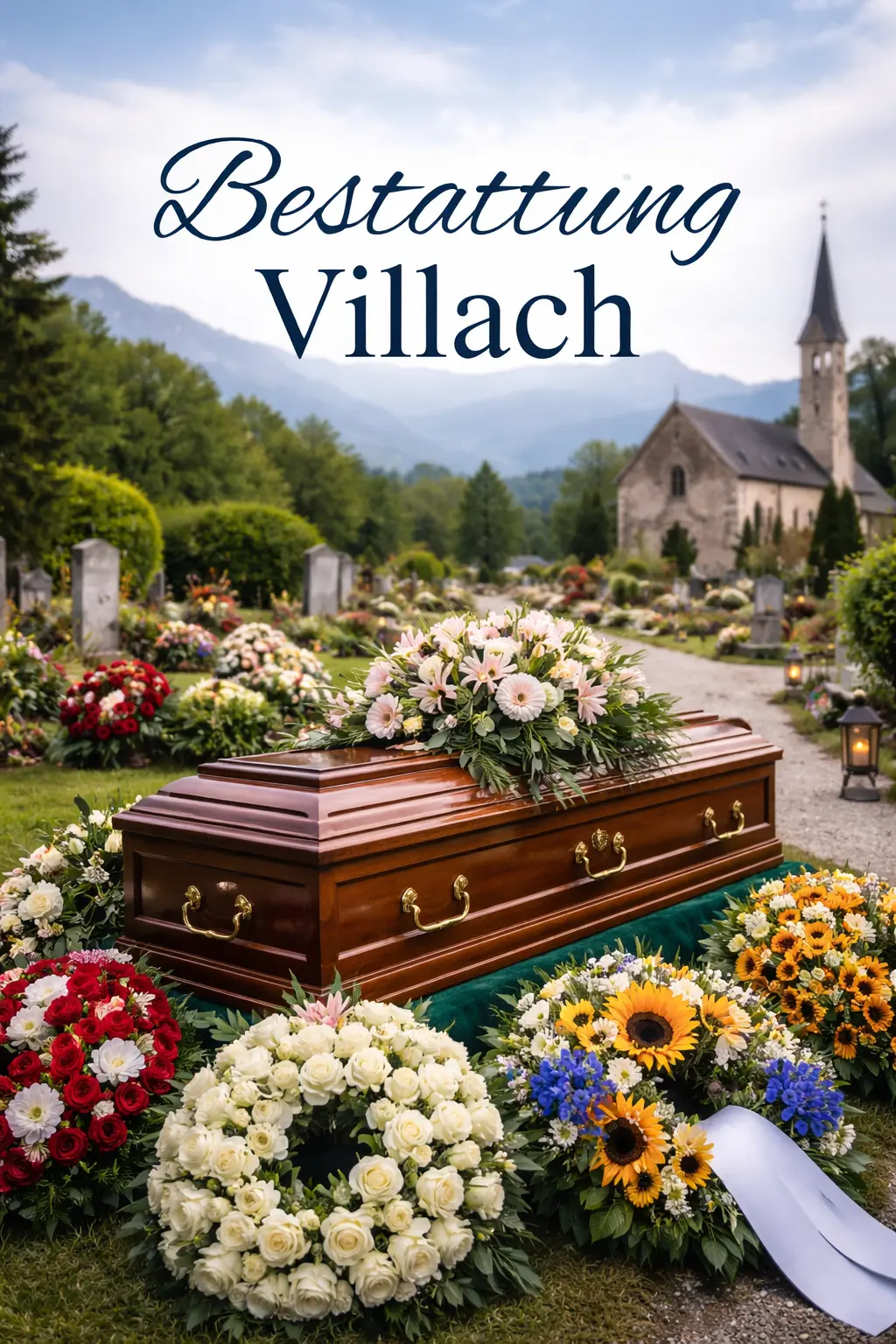 Bestattung Villach mit Sarg im Friedhof, umgeben von farbenfrohen Blumenarrangements, würdevoller Abschied in Kärnten