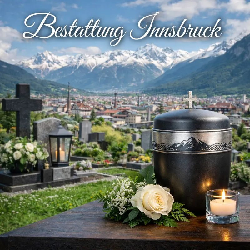 Bestattung Innsbruck mit Urne, Gedenkkerze und Friedhof vor alpiner Stadtlandschaft von Innsbruck in Tirol