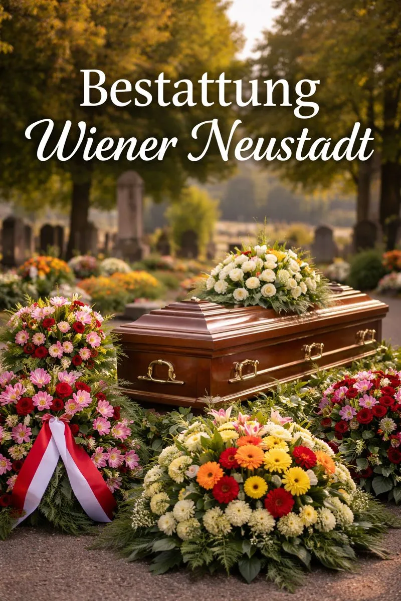 Würdevolle Bestattung Wiener Neustadt mit Sarg, bunten Blumen und gepflegtem Friedhof