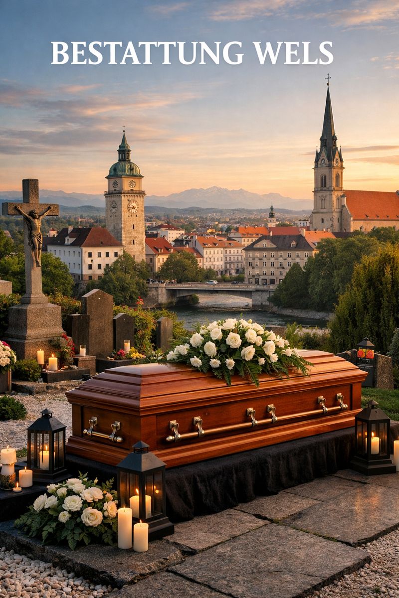 Würdevolle Bestattung Wels mit Sarg auf Friedhof, Kerzen und Blick auf die historische Stadt Wels