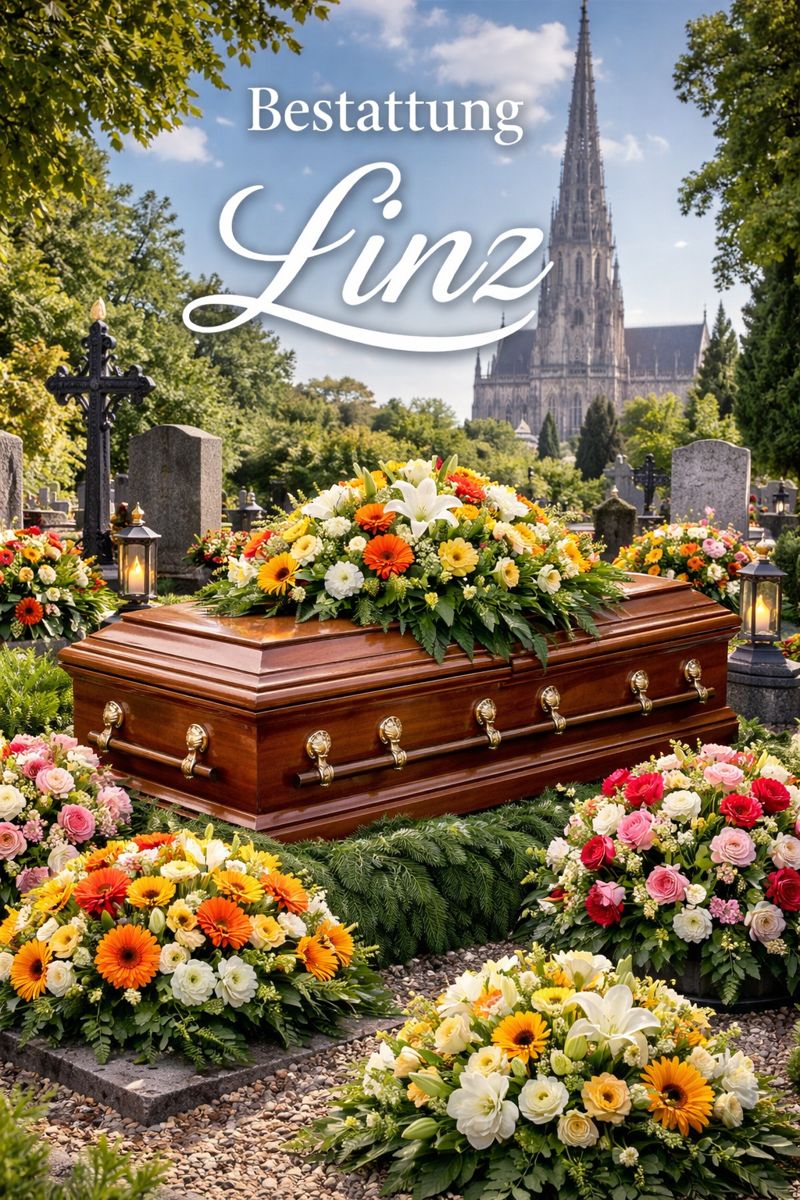 Bestattung Linz mit Sarg, bunten Blumen und Grabstätte auf einem gepflegten Friedhof