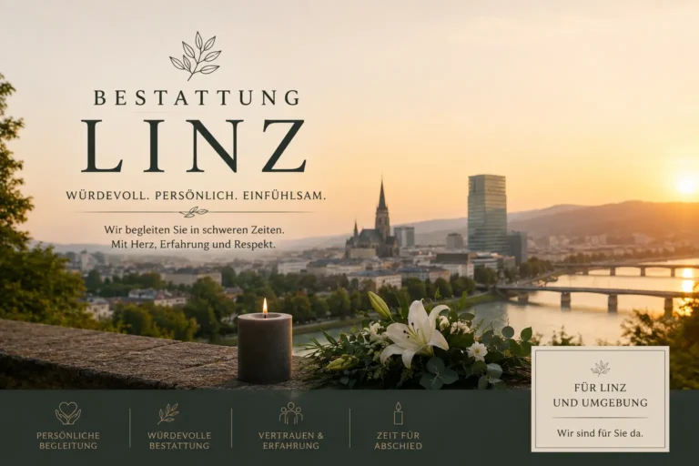 Bestattung Linz : Ratgeber für Bestattungsarten, Kosten & den ersten Schritt im Trauerfall 6 Bestattung Linz mit Kerze und Blumen vor der Linzer Skyline an der Donau bei Sonnenuntergang