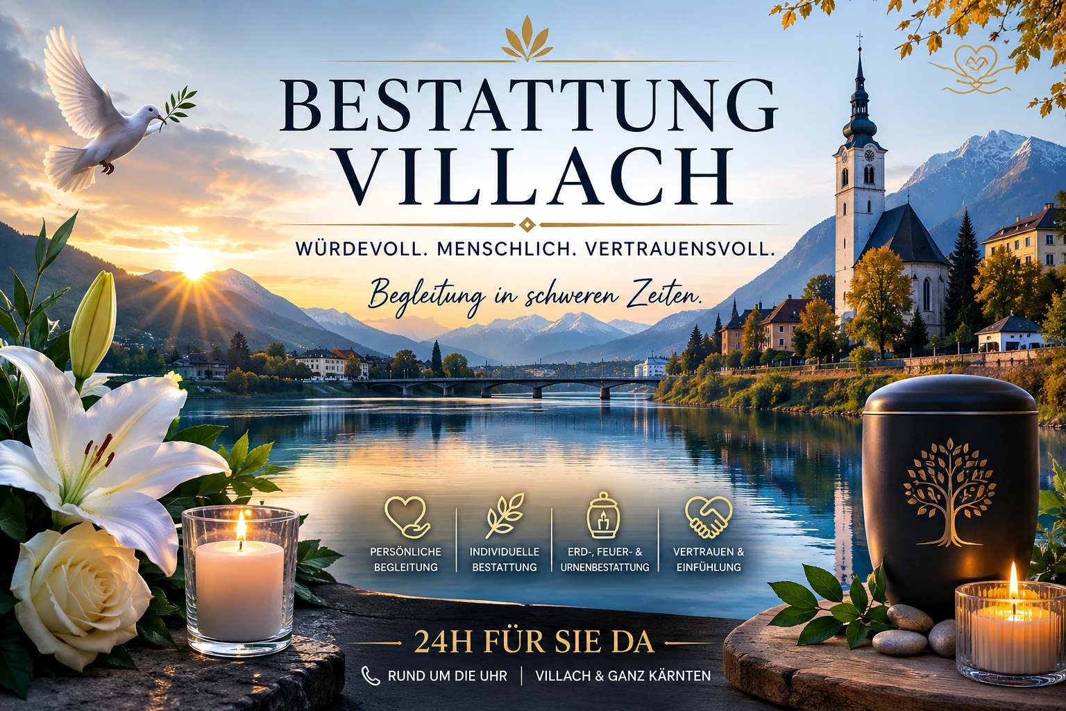 Bestattung Villach mit Kerzen, weißen Lilien, Urne und Alpenkulisse am Fluss in Kärnten