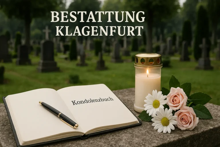 Bestattung Klagenfurt: Ihr umfassender Ratgeber für Bestattungsdienste in Kärnten 8 Bestattung Klagenfurter : Kondolenzbuch, Gedenkkerze und Blumen auf Grabstein in Klagenfurter Friedhof