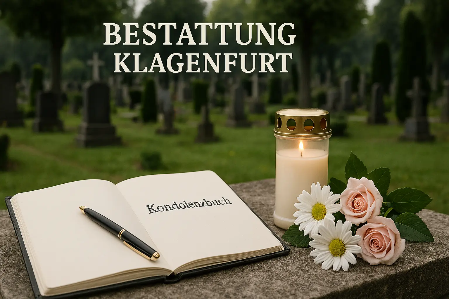 Bestattung Klagenfurter : Kondolenzbuch, Gedenkkerze und Blumen auf Grabstein in Klagenfurter Friedhof