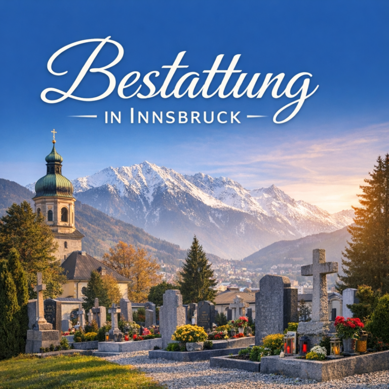 Bestattung in Innsbruck - Friedhof mit Alpen und Kirche im Hintergrund
