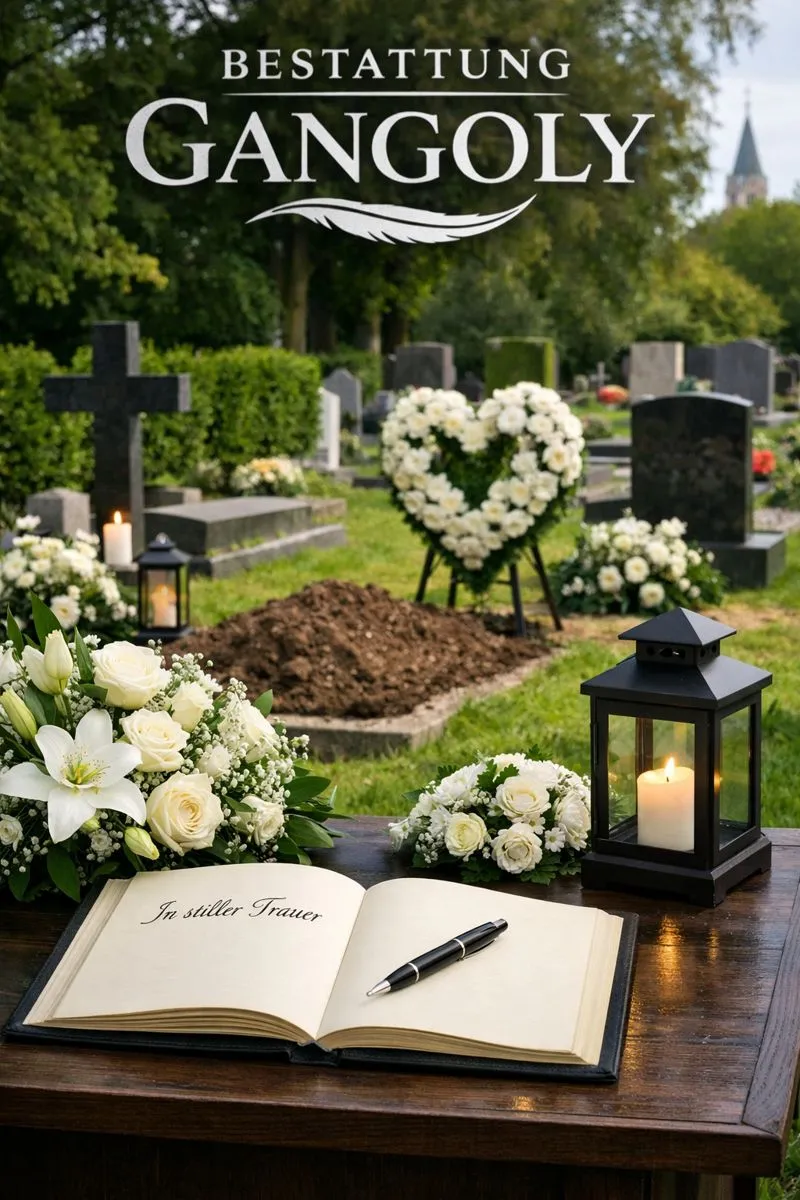 Würdige Abschiedsszene bei Bestattung Gangoly mit Friedhof, Kondolenzbuch, weißen Trauerblumen und Grabstätte in ruhiger Atmosphäre.