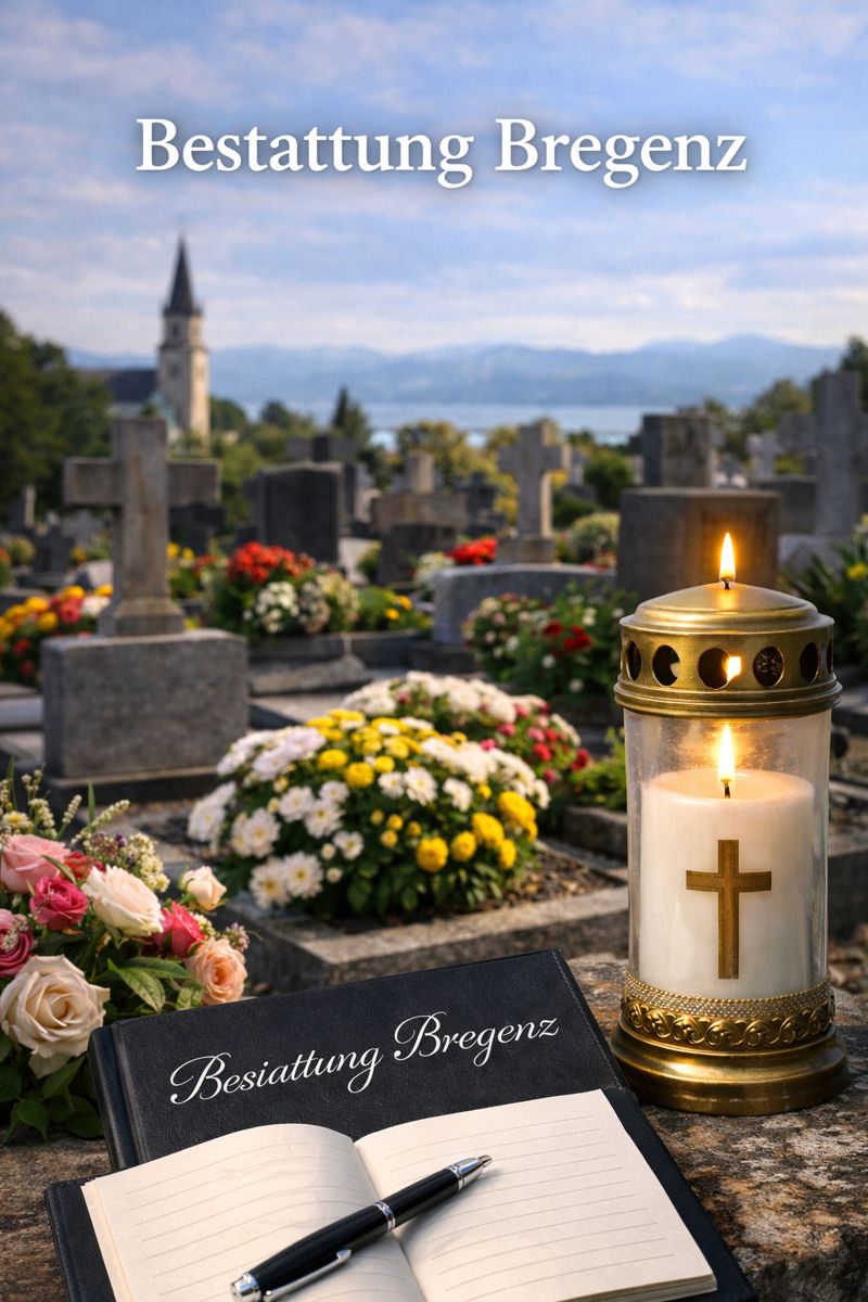 Bestattung Bregenz auf einem Friedhof mit brennender Gedenkkerze, bunten Blumen und Grabstätten vor alpiner Kulisse in Vorarlberg