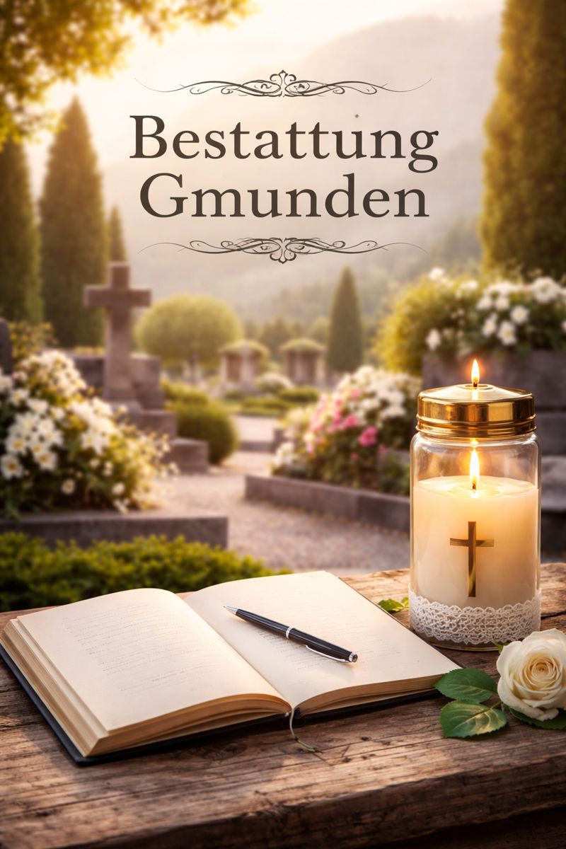 Bestattung Gmunden : würdige Friedhofsszene mit Gedenkkerze, Kondolenzbuch und Blumen in ruhiger Umgebung