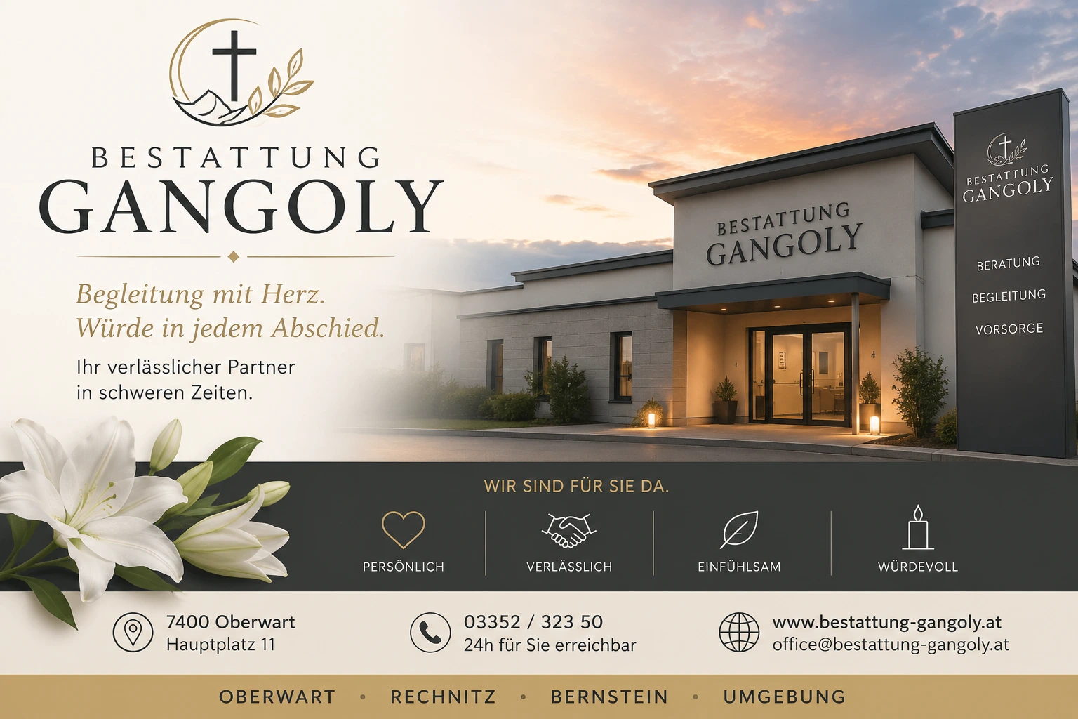 Bestattung Gangoly mit Lilien und Kerzen in würdevoller Atmosphäre.