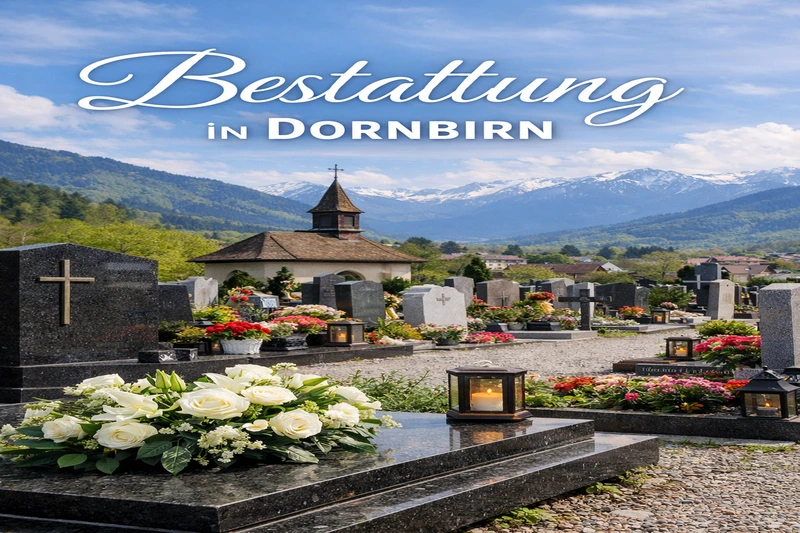 Bestattung in Dornbirn - Friedhof mit Grabsteinen, Blumen und Kapelle vor den Alpen