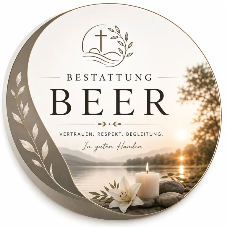 Bestattung Beer Logo mit Kreuz, See und Kerze