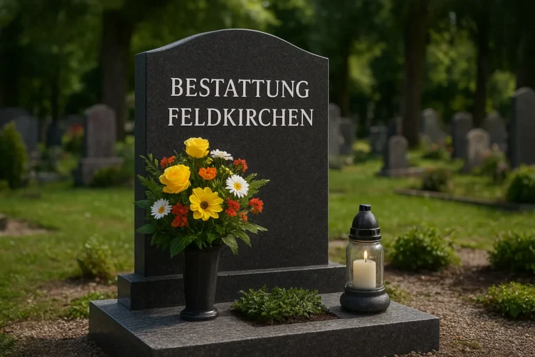 Bestattung Feldkirchen : Würdevolle Begleitung im Trauerfall in Kärnten & Umgebung 4 Bestattung Feldkirchen mit frischen Trauerblumen vor einem Grabstein, die Würde, Erinnerung und respektvolle Bestattungsdienste symbolisieren