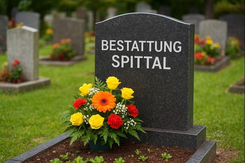 Würdevolle Grabstätte auf einem Friedhof in Spittal an der Drau mit frischen Trauerblumen, symbolisch für Bestattung Spittal und respektvolle Abschiednahme
