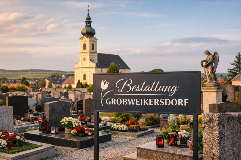 Ruhiger Friedhof in Großweikersdorf mit Grabsteinen, frischen Blumen und einer Kirche im Hintergrund, ergänzt durch ein Schild mit der Aufschrift ‚Bestattung Großweikersdorf‘ als Symbol für würdige Abschiednahme
