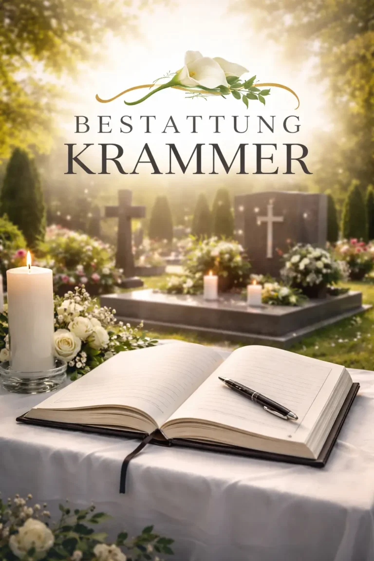Bestattung Krammer : Würdevolle Begleitung im Trauerfall 2 Offenes Kondolenzbuch mit Kerze und Blumen auf einem Tisch vor einem ruhigen Friedhof : Bestattung Krammer.