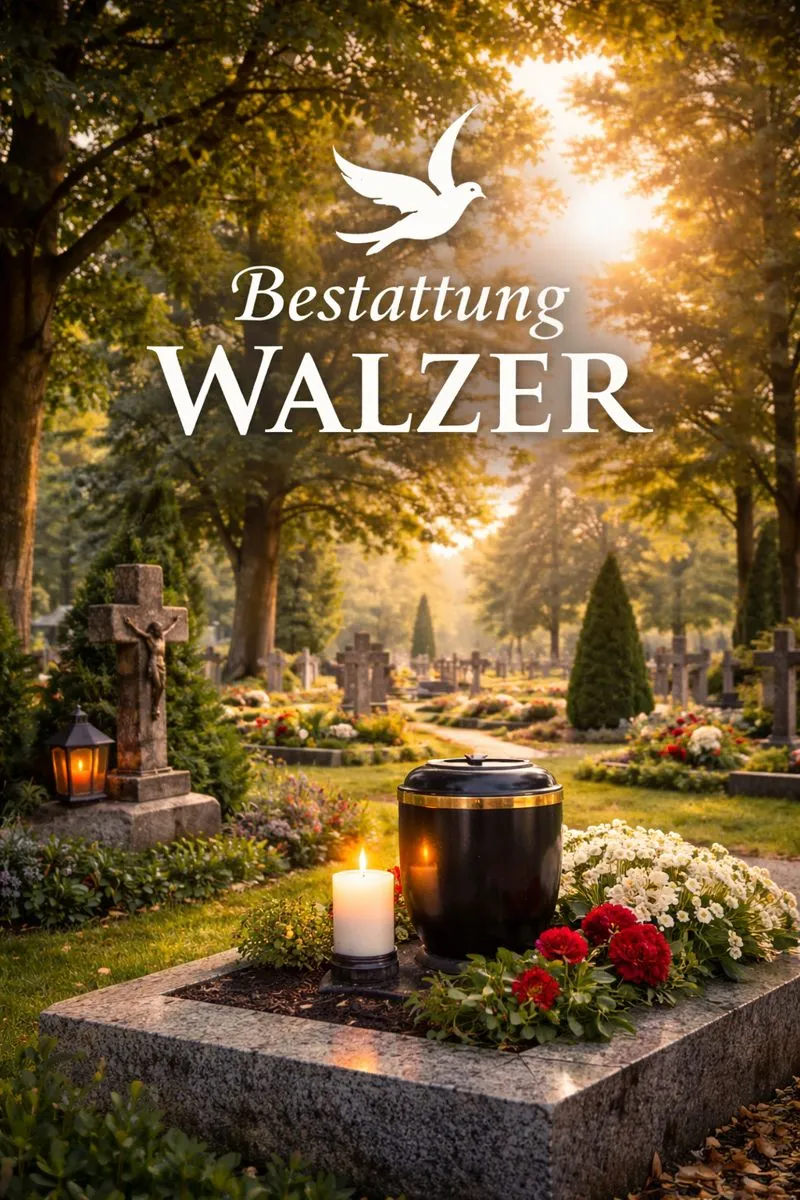 Urnengrab auf einem ruhigen Friedhof bei Sonnenlicht mit Kerze und Blumen : Bestattung Walzer