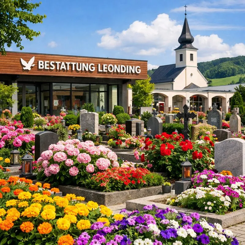 Friedhof in Leonding mit bunten Blumenbeeten vor dem Bestattungshaus „Bestattung Leonding“ und einer Kapelle im Hintergrund