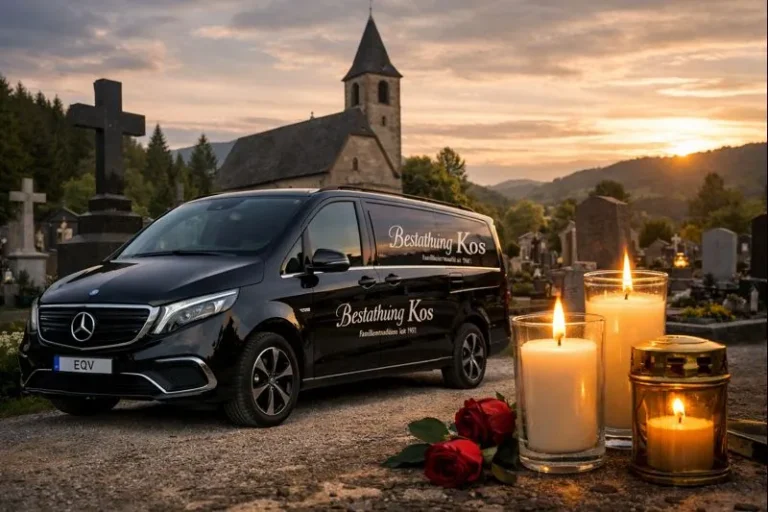 Bestattung Kos : Würdevolle Begleitung im Trauerfall in Wolfsberg & Lavanttal 6 Bestattung Kos Mercedes EQV im Friedhof mit Kondolenzkerzen in Wolfsberg, Kärnten