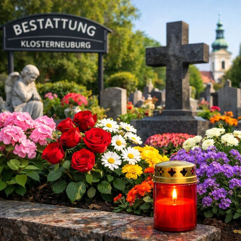 Bestattung Klosterneuburg: Ihr umfassender Leitfaden für würdevolle Abschiede 4 Bestattung Klosterneuburg mit gepflegtem Friedhof, bunten Blumen und brennender Gedenkkerze in ruhiger Atmosphäre