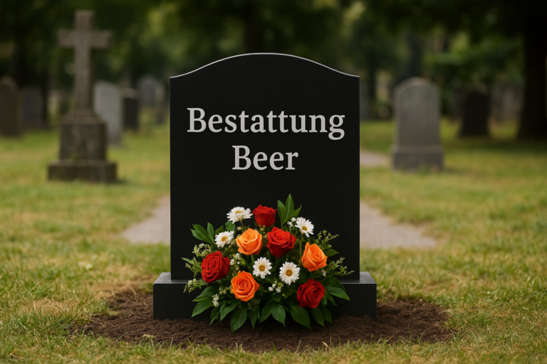 Bestattung Beer : Würdevolle Begleitung, Aktuelle Trauerfälle & Umfassende Bestattungsdienste im Ybbstal und Amstetten 9 Grabstein mit der Aufschrift Bestattung Beer, umgeben von Blumen in einer ruhigen Friedhofsszene