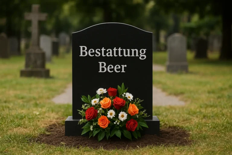 Grabstein mit Aufschrift Bestattung Beer auf einem Friedhof mit Blumen