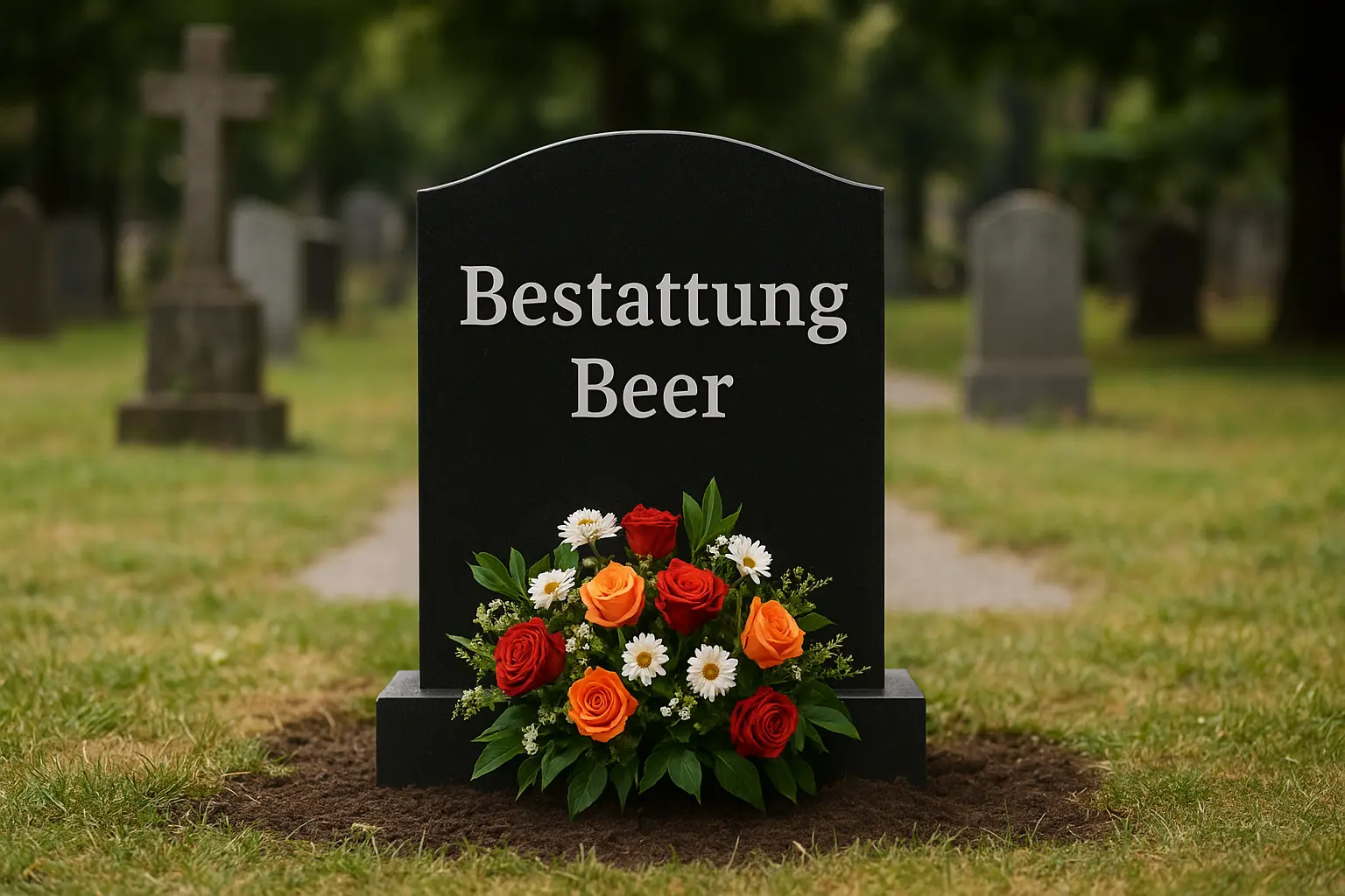 Grabstein mit Aufschrift Bestattung Beer auf einem Friedhof mit Blumen