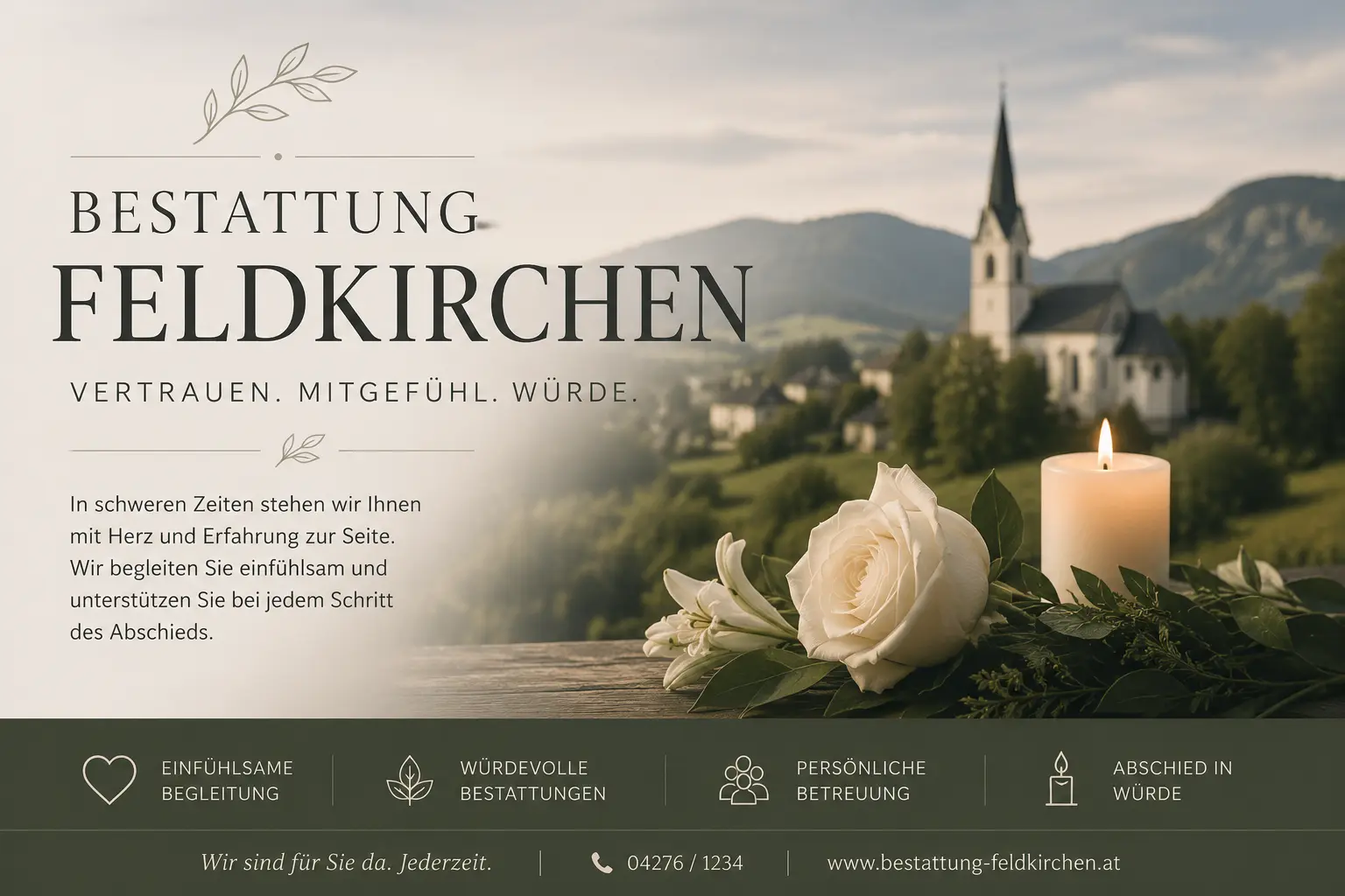 Bestattung Feldkirchen mit Rose, Kerze und Kirche in Kärnten