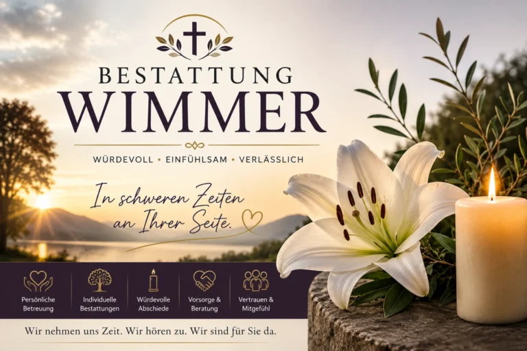 Bestattung Wimmer mit weißer Lilie, Kerze und ruhiger Landschaft bei Sonnenuntergang.