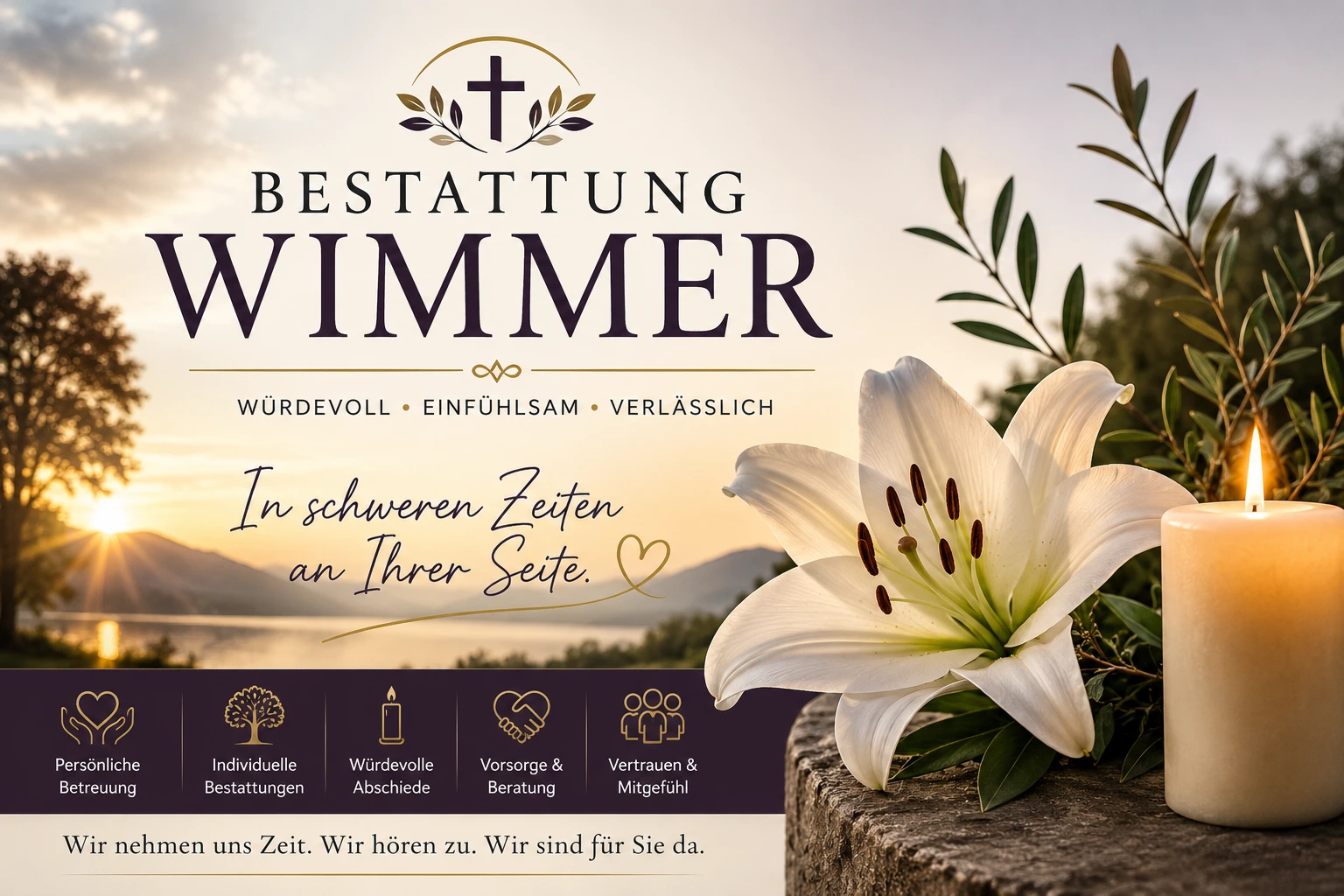 Bestattung Wimmer mit weißer Lilie, Kerze und ruhiger Landschaft bei Sonnenuntergang.