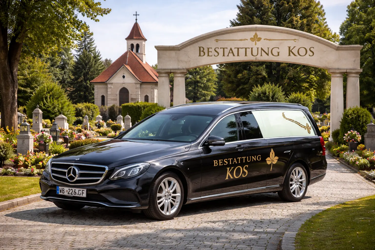 Bestattung Kos mit Bestattungswagen vor Friedhof mit Grabsteinen und Kapelle