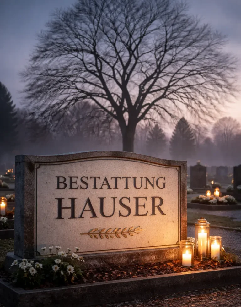 Bestattung Hauser - Grabstein auf ruhigem Friedhof mit Kerzen und kahlem Baum