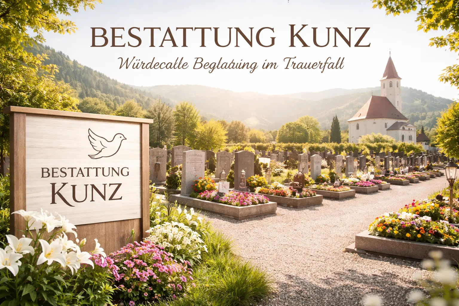 Bestattung Kunz in Pitten - Friedhof mit Grabsteinen, Blumen und Kirche in Niederösterreich