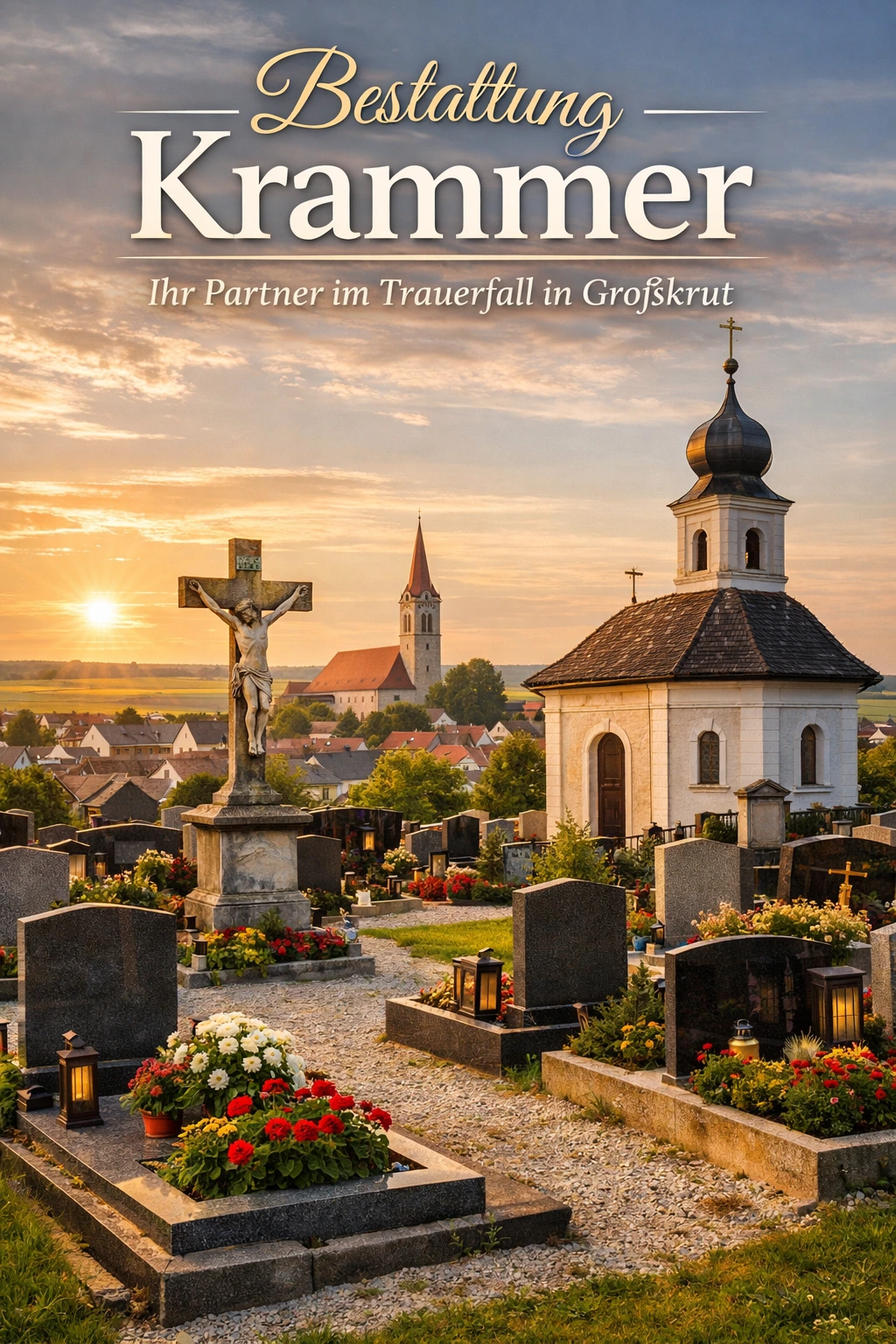 Bestattung Krammer in Großkrut - Friedhof mit Grabsteinen, Blumen und Kapelle bei Sonnenuntergang