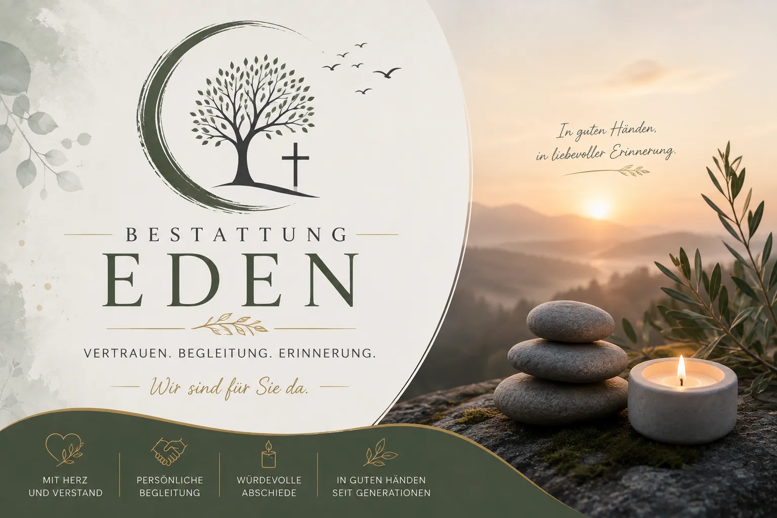Bestattung Eden mit Baum, Kreuz und Kerzenlicht