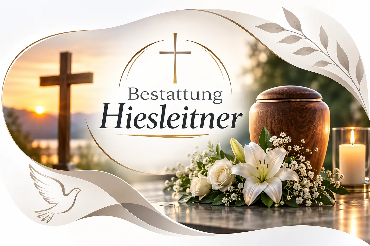 Bestattung Hiesleitner Logo mit Urne und Blumen