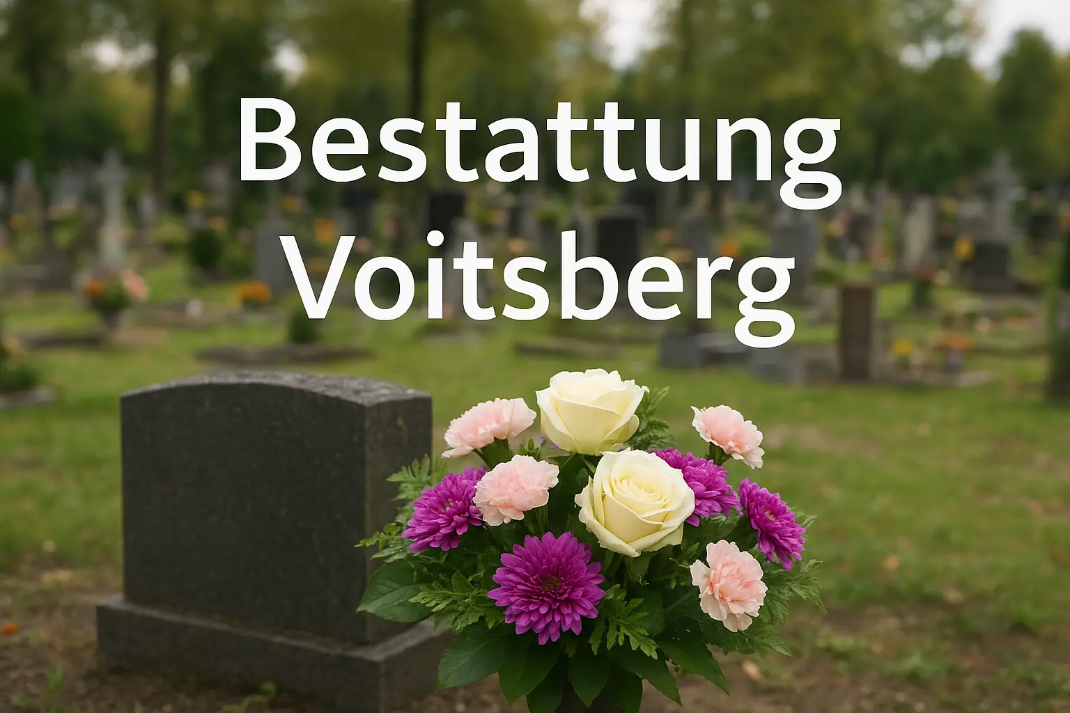 Bestattung Voitsberg mit frischen Trauerblumen neben einem Grabstein, symbolisierend Würde und Gedenken