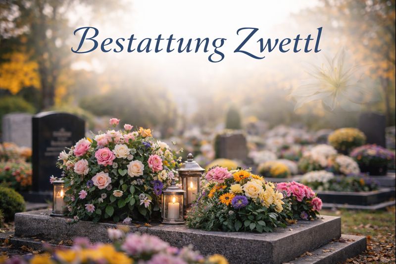 Gräberfeld in Zwettl mit farbenfrohem Blumenschmuck, Grablichtern und ruhiger Friedhofsatmosphäre bei Bestattung Zwettl