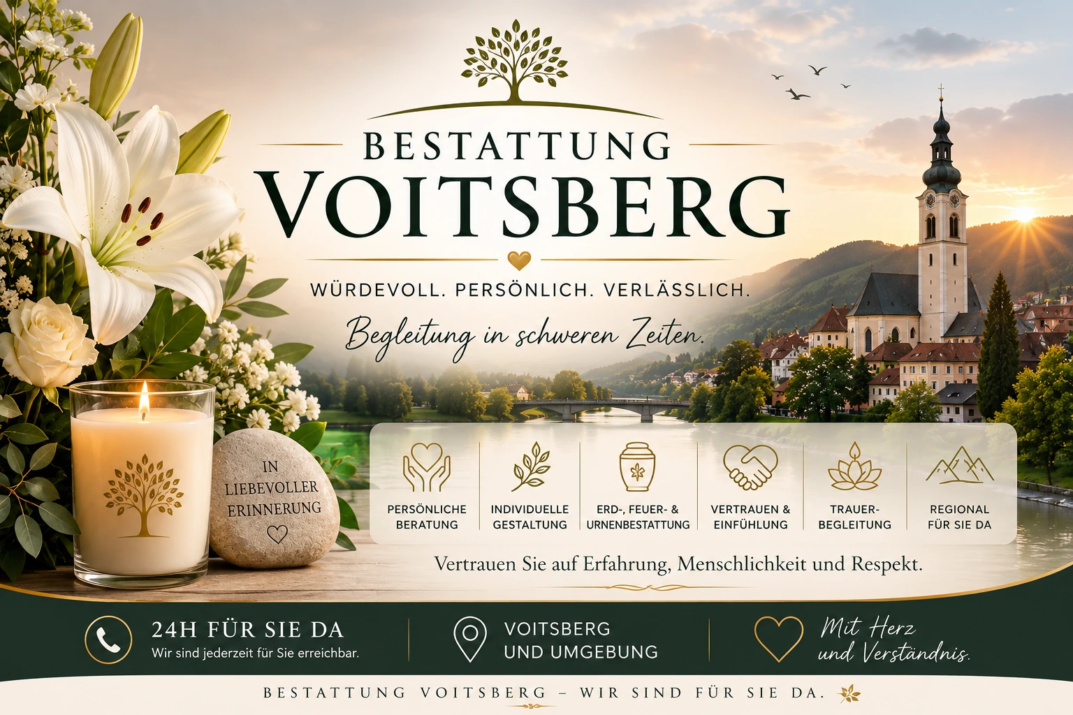 Bestattung Voitsberg mit Lilie, Gedenkkerze und Kirche vor einer Landschaft bei Sonnenuntergang