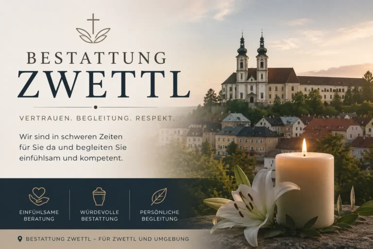 Bestattung Zwettl mit Kerze, Lilie und Stadtansicht Zwettl -Symbol für Würde und Trauer