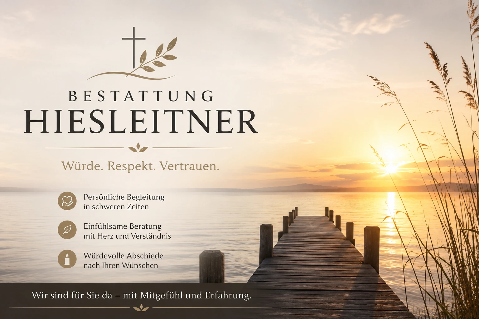 Bestattung Hiesleitner mit See und Steg bei Sonnenuntergang