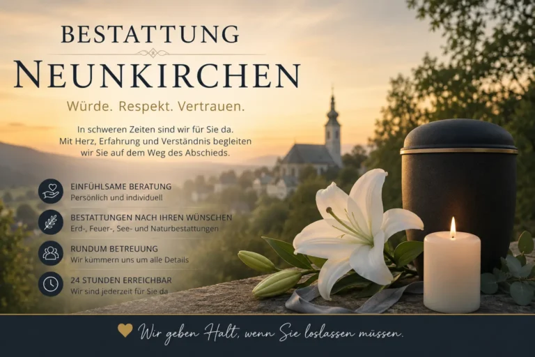 Bestattung Neunkirchen mit Urne, Lilie und Kerze vor einer Kirche bei Sonnenuntergang