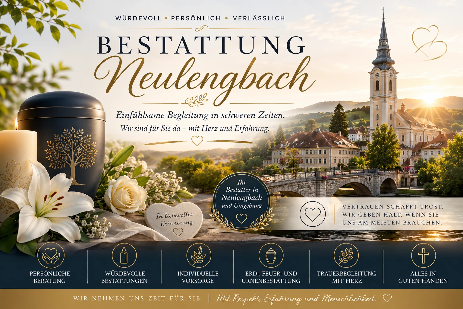 Bestattung Neulengbach mit Urne, Lilien, Kerze und Kirche als Symbol für würdevollen Abschied