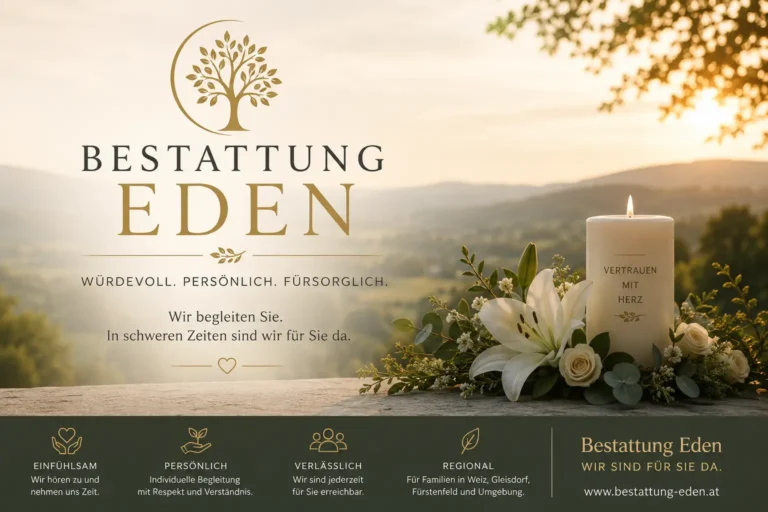 Bestattung Eden : Einfühlsame Begleitung in der Steiermark, rund um die Uhr 1 Bestattung Eden Anzeige mit Sonnenaufgang, Kerze und Blumen als Symbol für Trauer und Erinnerung